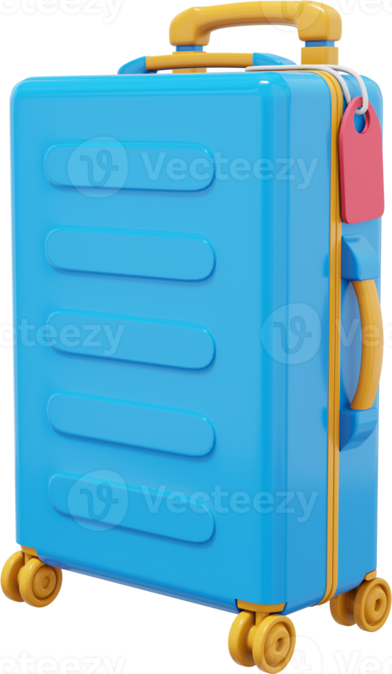 Travel blue suitcase on wheels with a handle. PNG icon on transparent background. 3D rendering.
