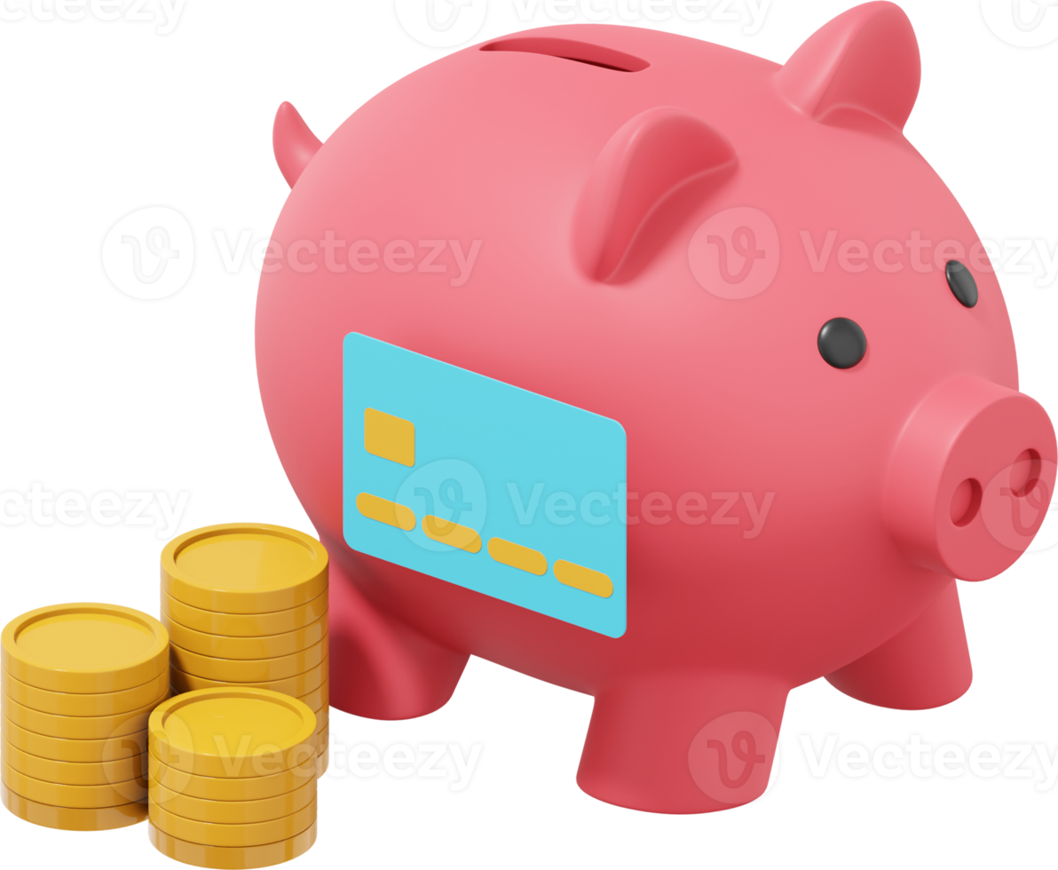 Pink piggy bank, stacks of coins and credit card. PNG icon on transparent background. 3D rendering.