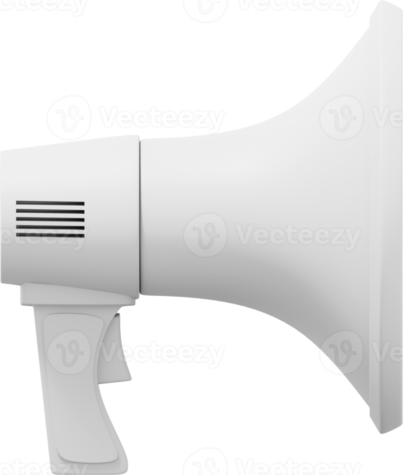Megaphone realistic white side view. PNG icon on a transparent background. 3D rendering.