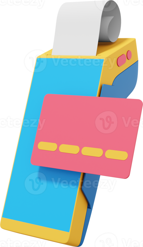 NFC POS Terminal GPRS point with Paper Receipt and a credit card. Mockup screen. Payment Machine. PNG on a transparent background. 3D rendering.