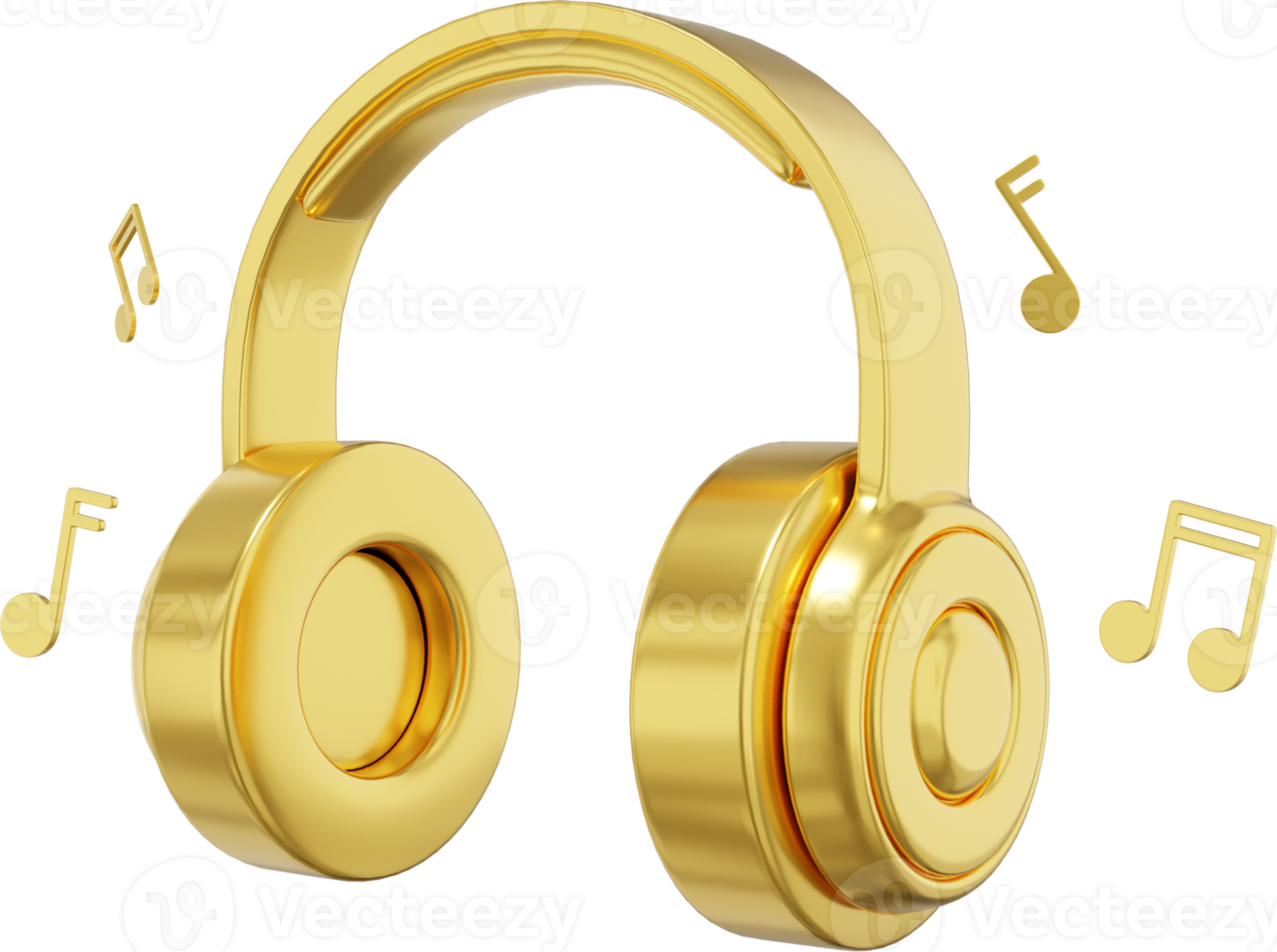 Wireless headphones and flying music notes side view. Gold PNG icon on a transparent background. 3D rendering.