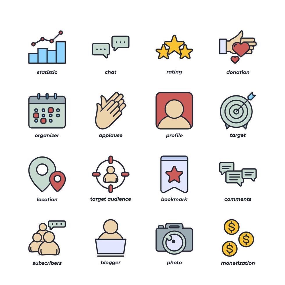 blogger elements collection, flat icons set, Colorful symbols pack. Vector illustration. Flat style design