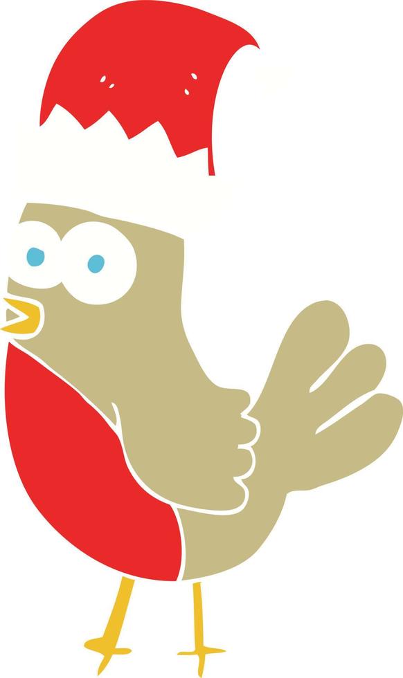 flat color illustration of a cartoon robin in christmas hat vector