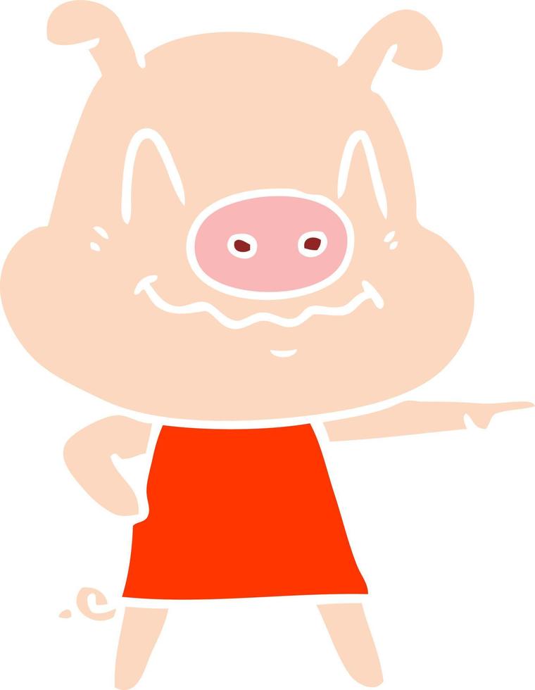 nervous flat color style cartoon pig wearing dress vector