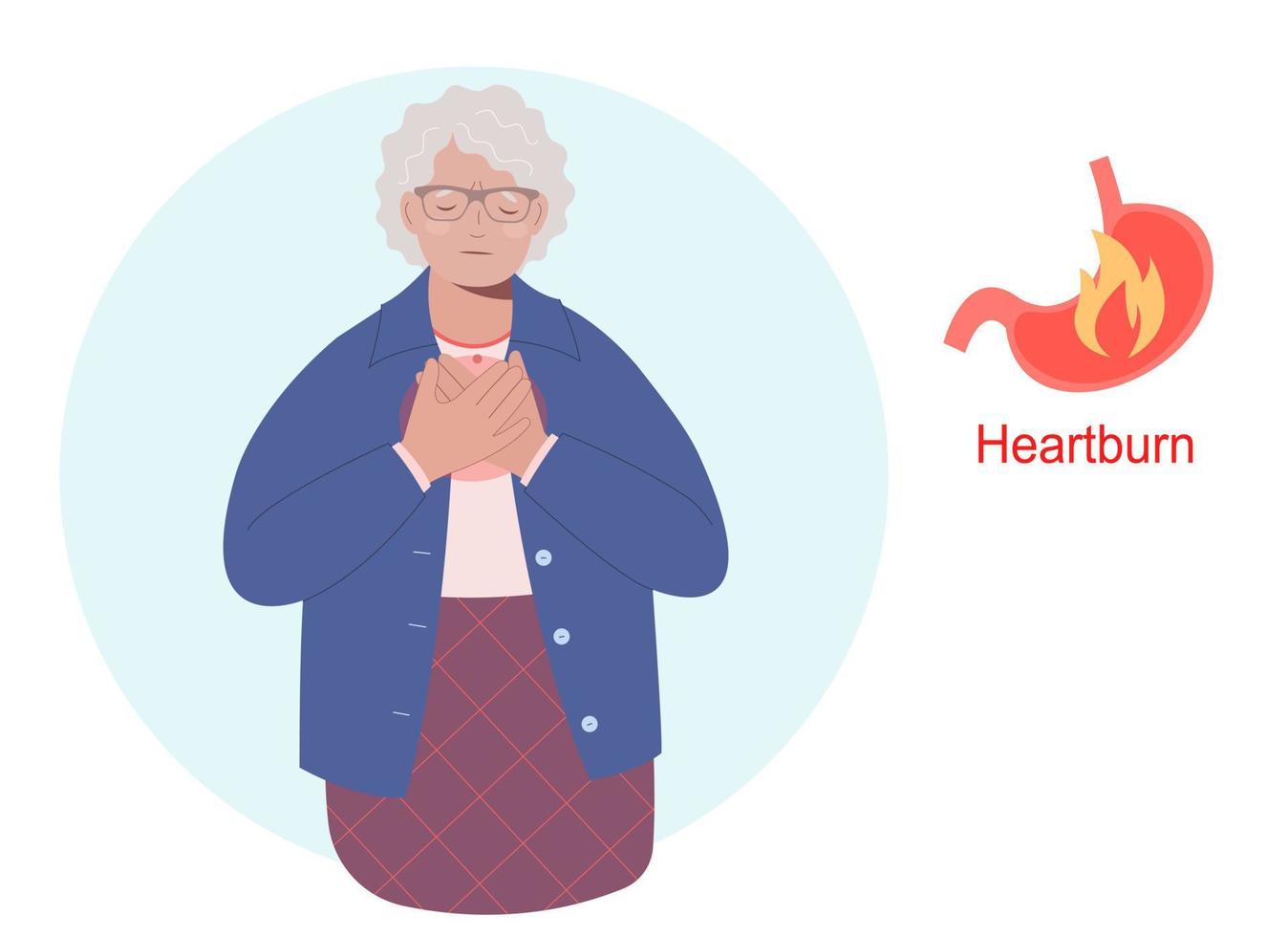 Elderly woman having a heartburn or stomach problem and suffering for this. vector