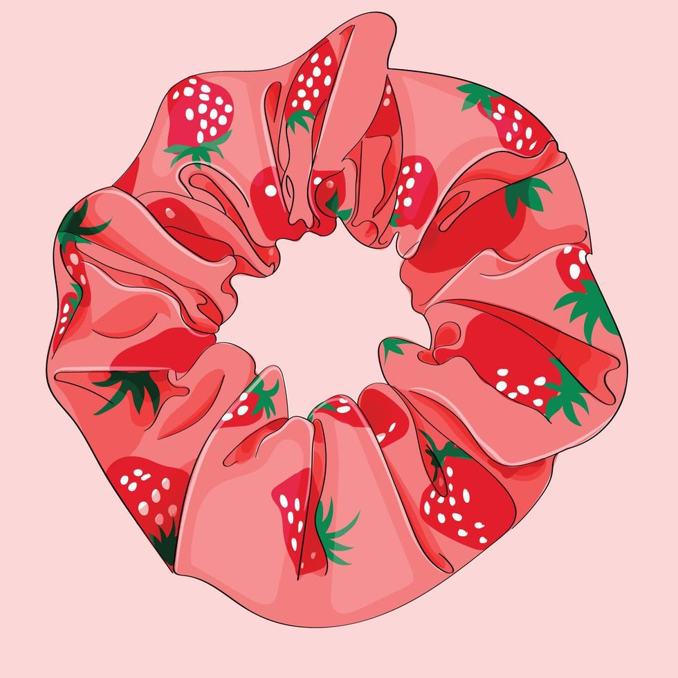 Goma para el pelo rosa con estampado de fresas en raso de seda. vector