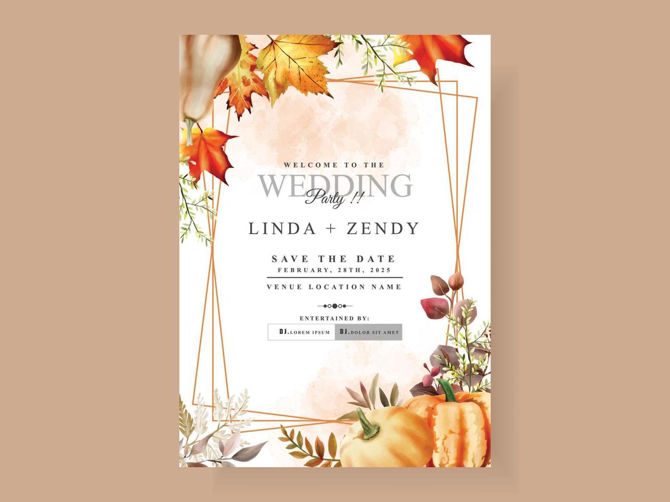 plantilla de tarjeta de invitación de boda de otoño con champiñones y calabazas y hojas vector