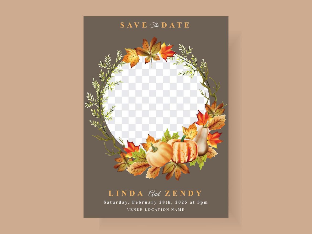 autumn wedding invitation card template with mushroom and pumpkins and