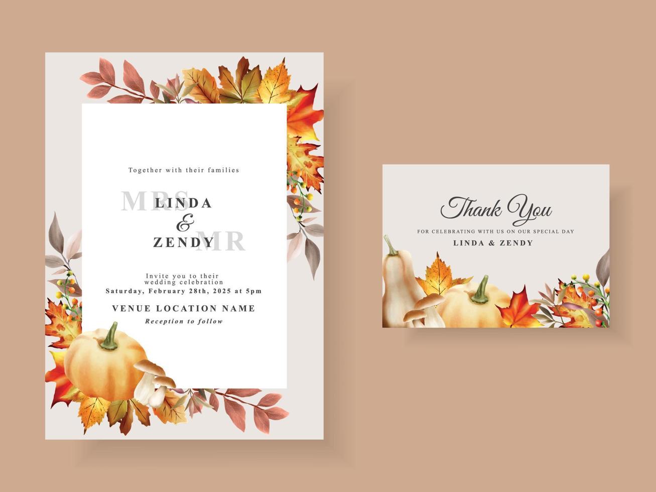 plantilla de tarjeta de invitación de boda de otoño con champiñones y calabazas y hojas vector