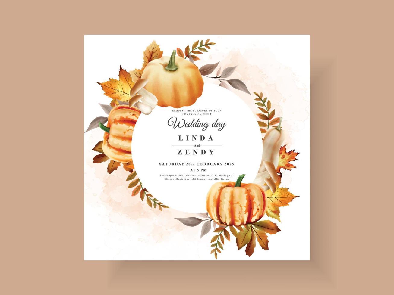 autumn wedding invitation card template with mushroom and pumpkins and leaves vector