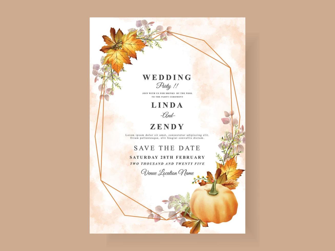 plantilla de tarjeta de invitación de boda de otoño con champiñones y calabazas y hojas vector