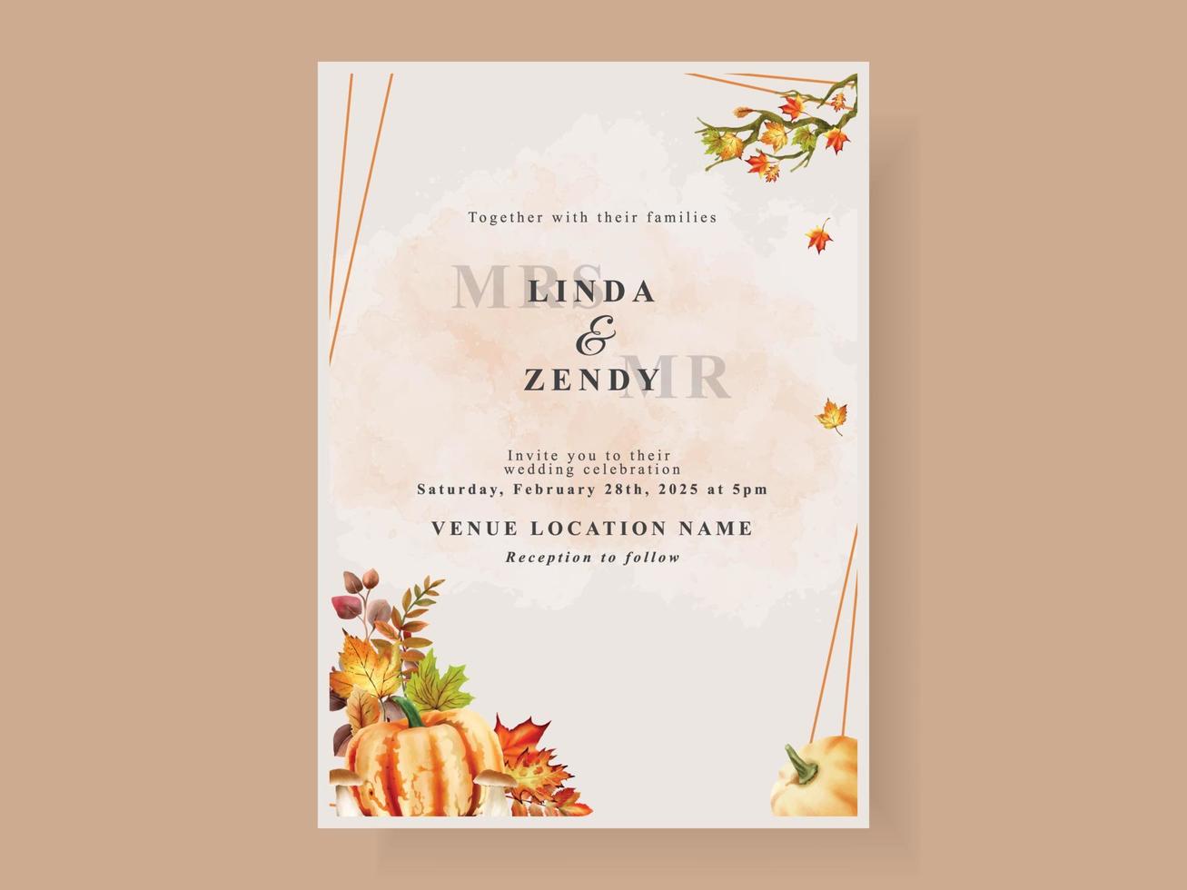 autumn wedding invitation card template with mushroom and pumpkins and leaves vector