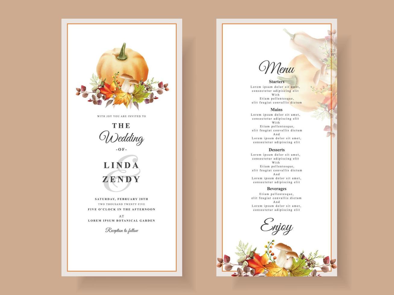 autumn wedding invitation card template with mushroom and pumpkins and