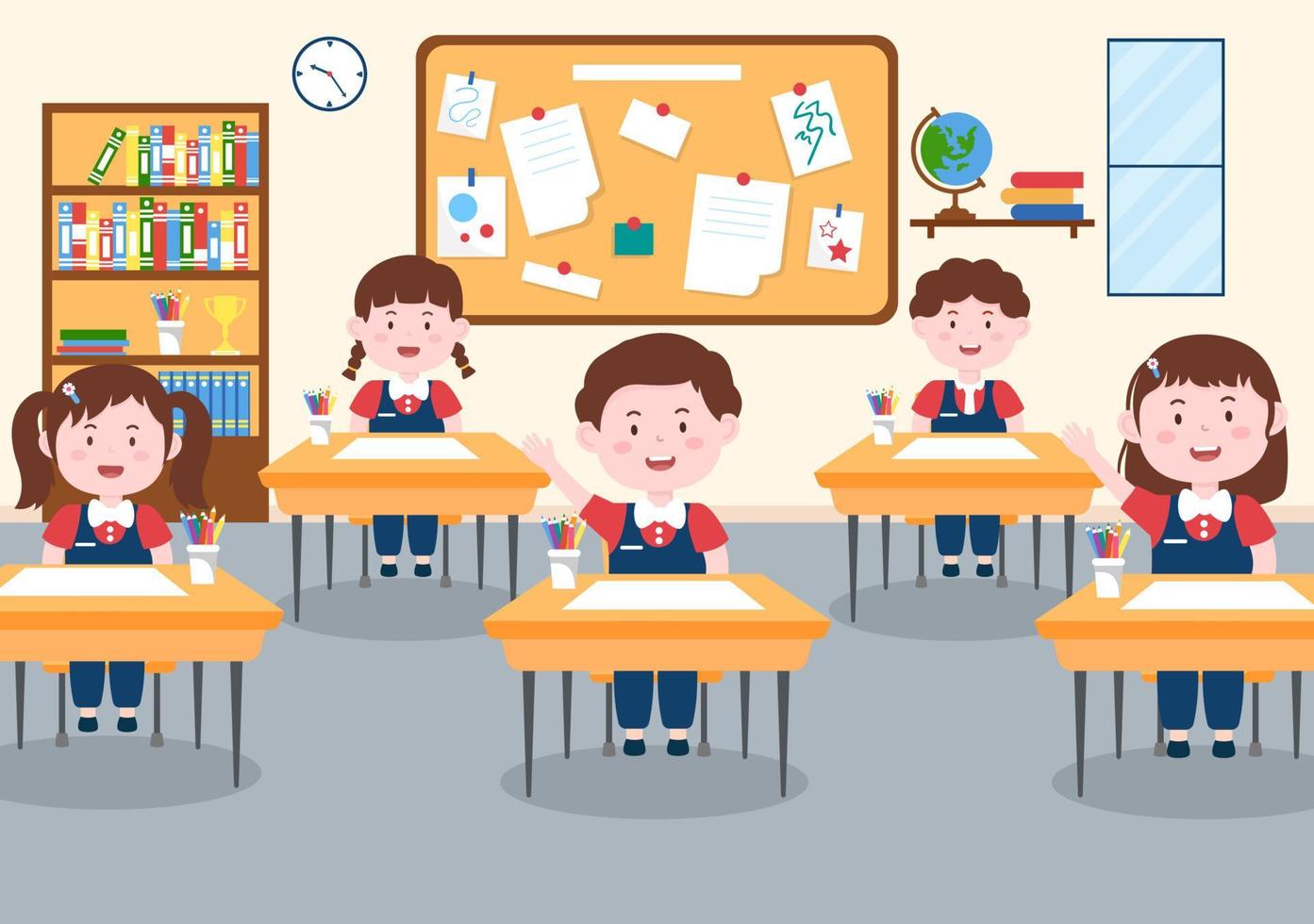 escuela primaria con pequeños estudiantes lindos que estudian en el aula en plantilla de ilustración de dibujos animados plana dibujada a mano vector