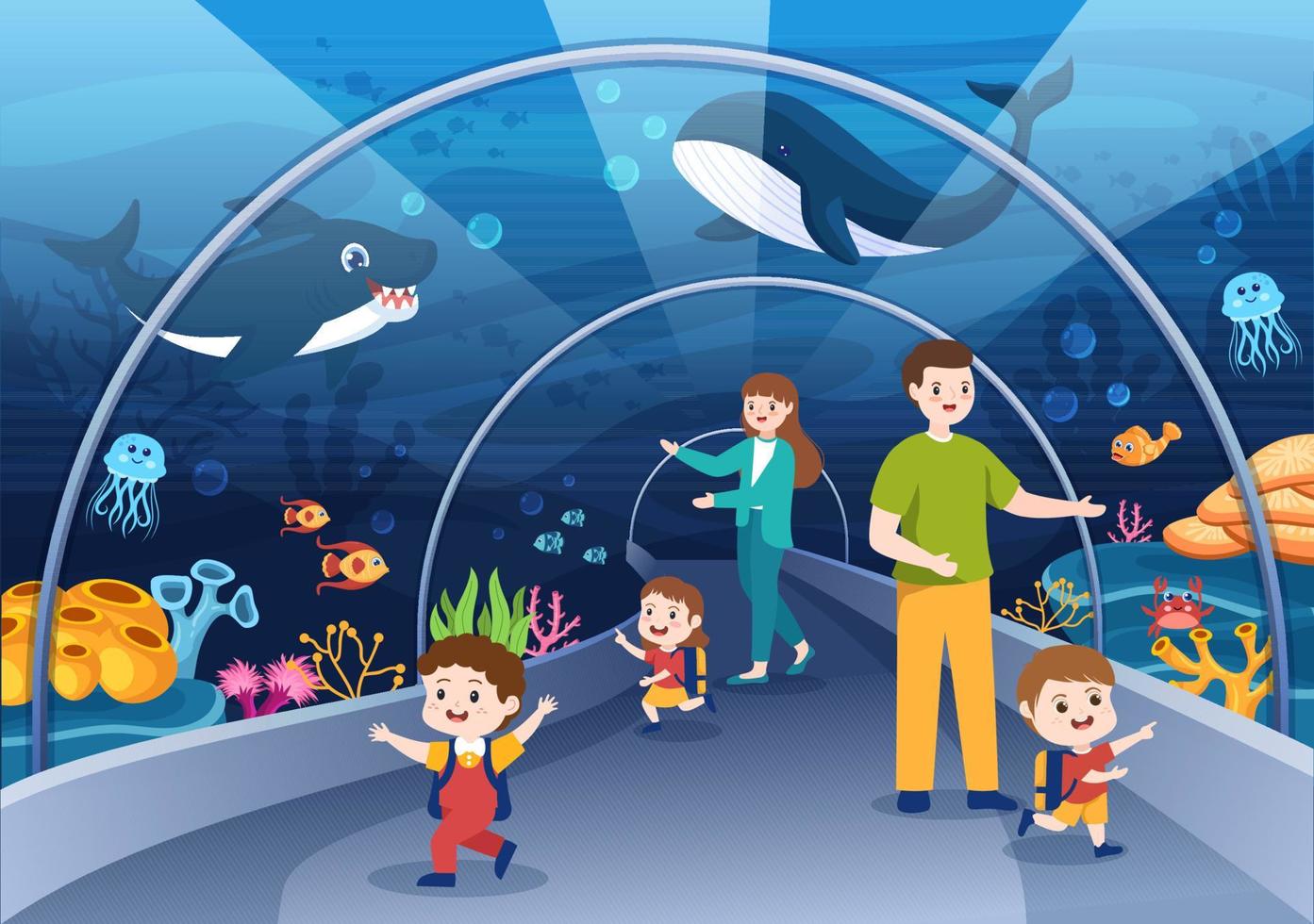 plantilla de acuario dibujada a mano ilustración plana de dibujos animados con familia y niños mirando peces submarinos, variedad de animales marinos, flora y fauna marina vector