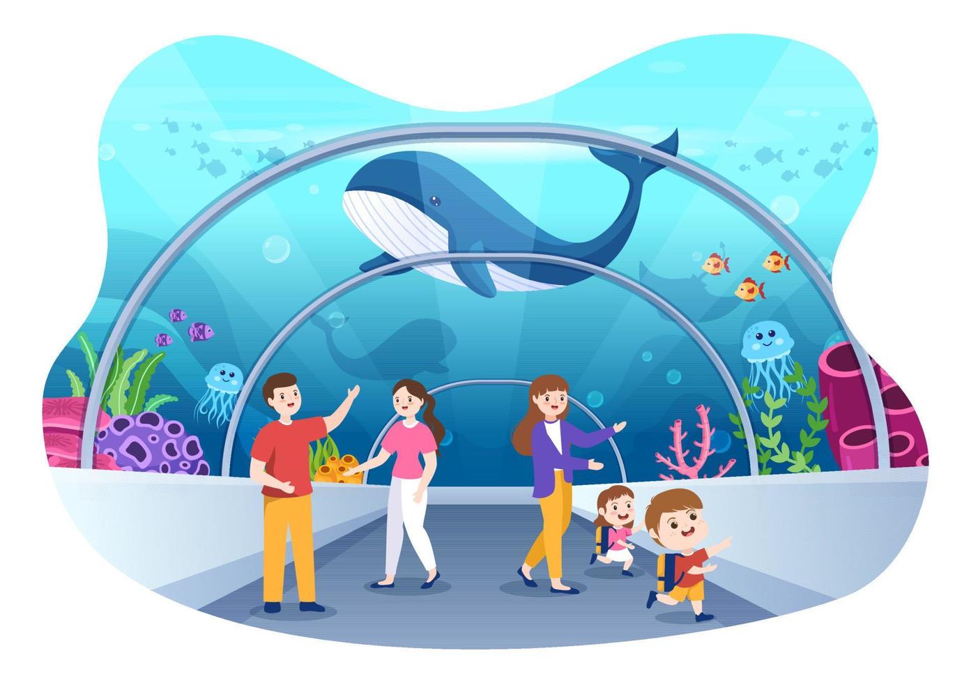 plantilla de acuario dibujada a mano ilustración plana de dibujos animados con familia y niños mirando peces submarinos, variedad de animales marinos, flora y fauna marina vector