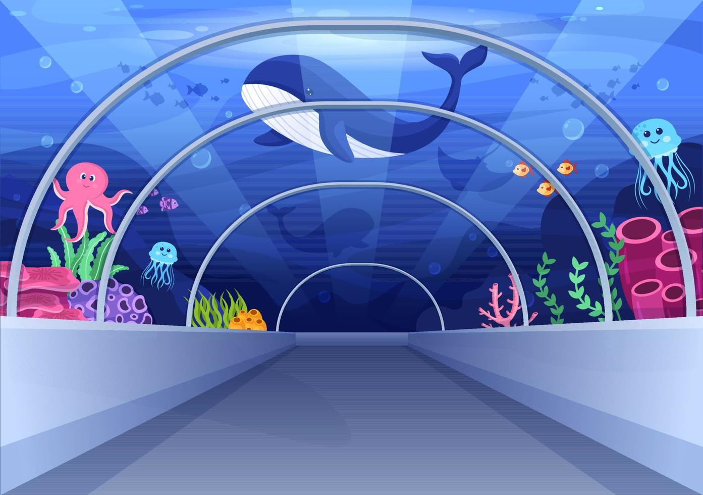 Aquarium Template Hand Drawn Cartoon Flat Illustration with Family and Kids Looking at Underwater Fish, Sea Animals Variety, Marine Flora and Fauna vector