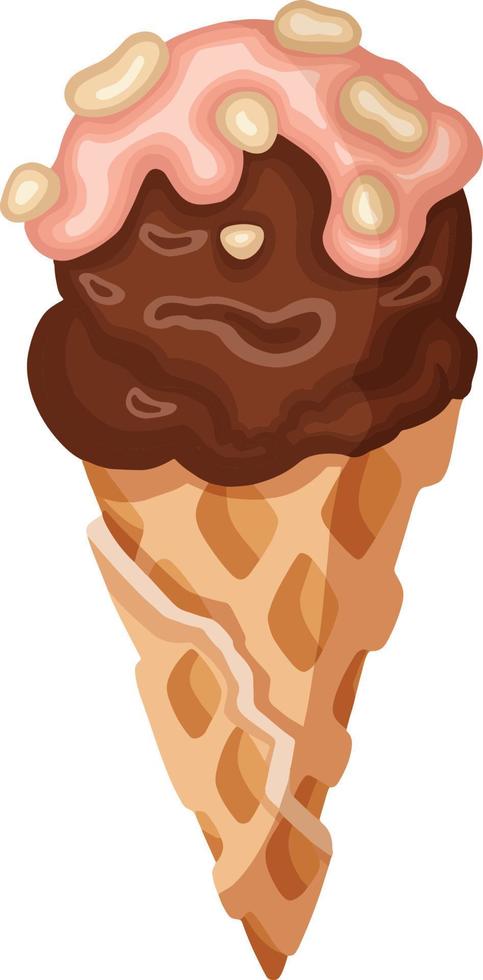 chocolate ice cream cone with pistachios, sorbet,  vector illustration