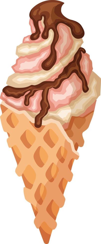ice cream waffle cone with chocolate topping, sorbet, vector illustration
