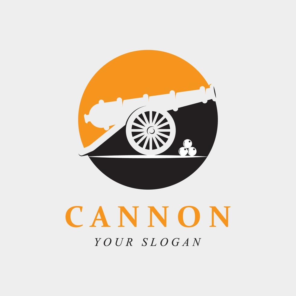 logotipo vintage de cañón creativo, bala de cañón y artillería con plantilla de eslogan vector