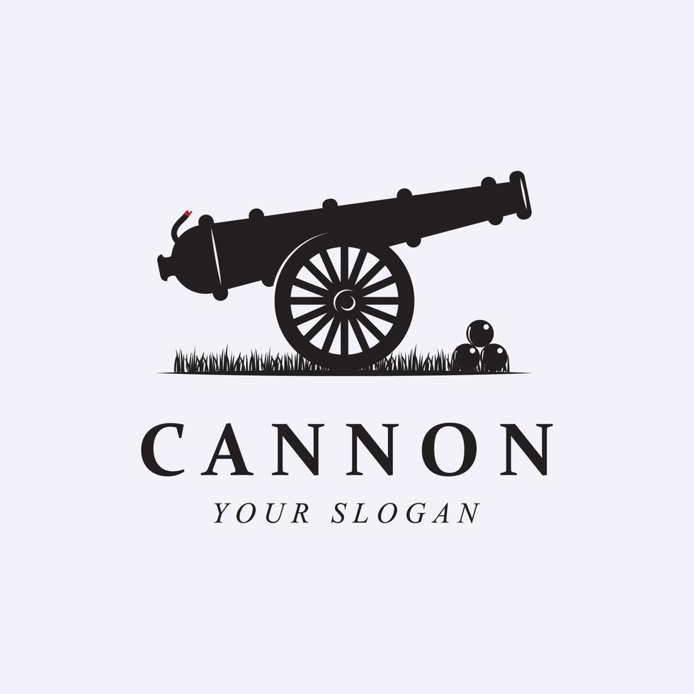 logotipo vintage de cañón creativo, bala de cañón y artillería con plantilla de eslogan vector