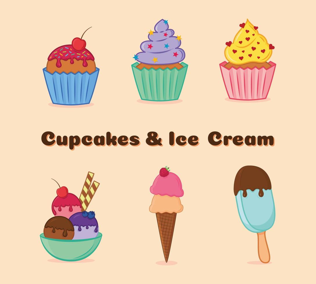 Cupcakes and ice-cream colorful cartoon vector set.