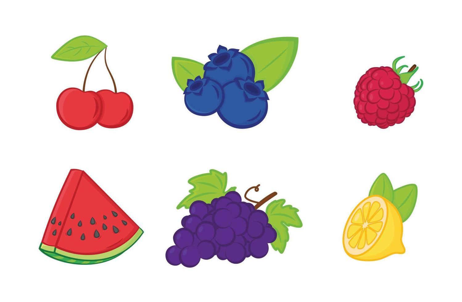 conjunto de frutas de dibujos animados. cereza, arándano, frambuesa, sandía, uva, limón. vector