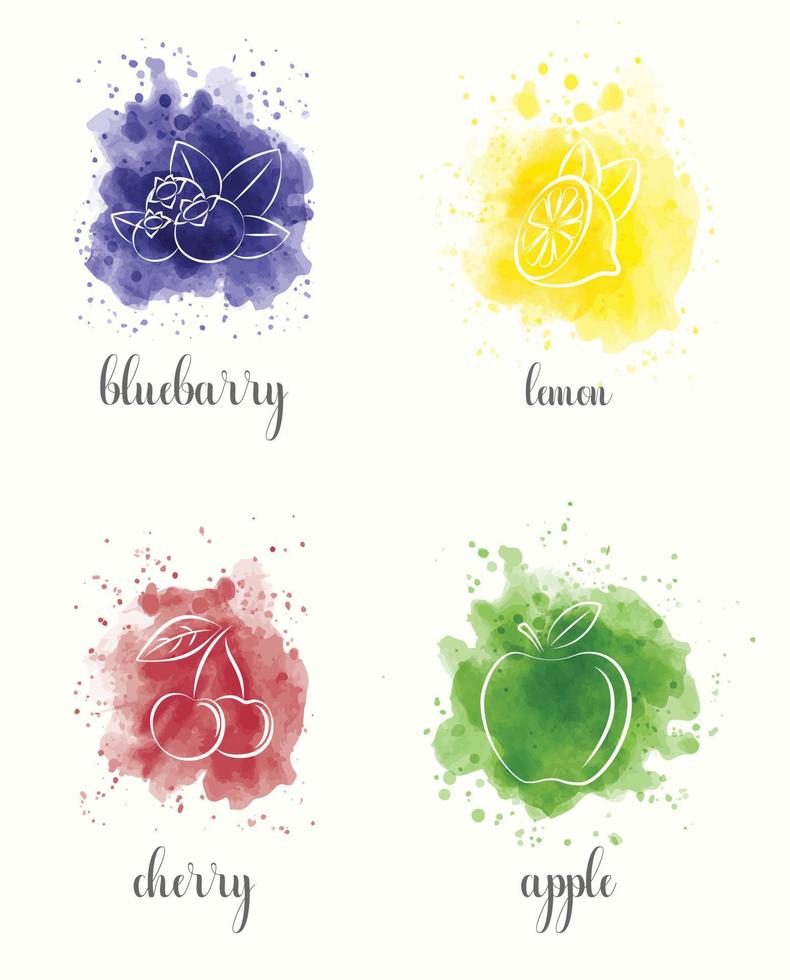 Watercolor fruits, set. Apple, lemon, cherry, blueberry. vector