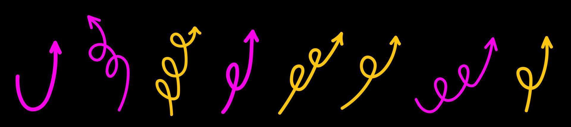 Hand Drawn big set of doodle pink and yellow arrows on black background. Vector doodle line arrows