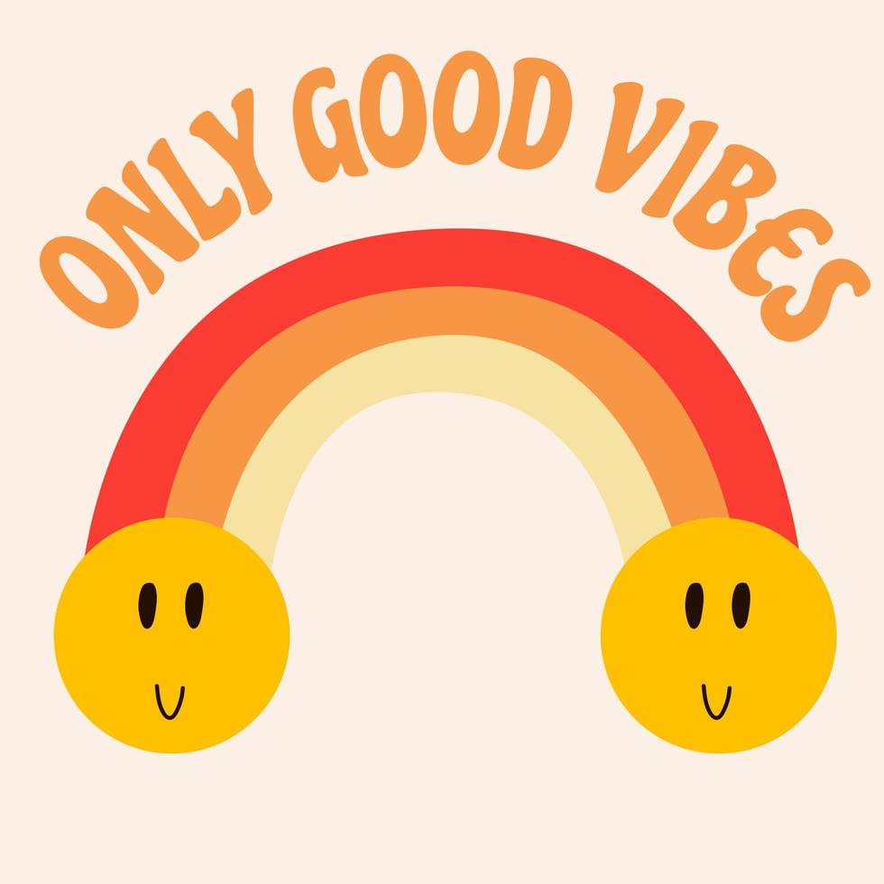 Retro groovy card with vintage lettering only good vibes. Nostalgic and retro card. Vector lettering and stars