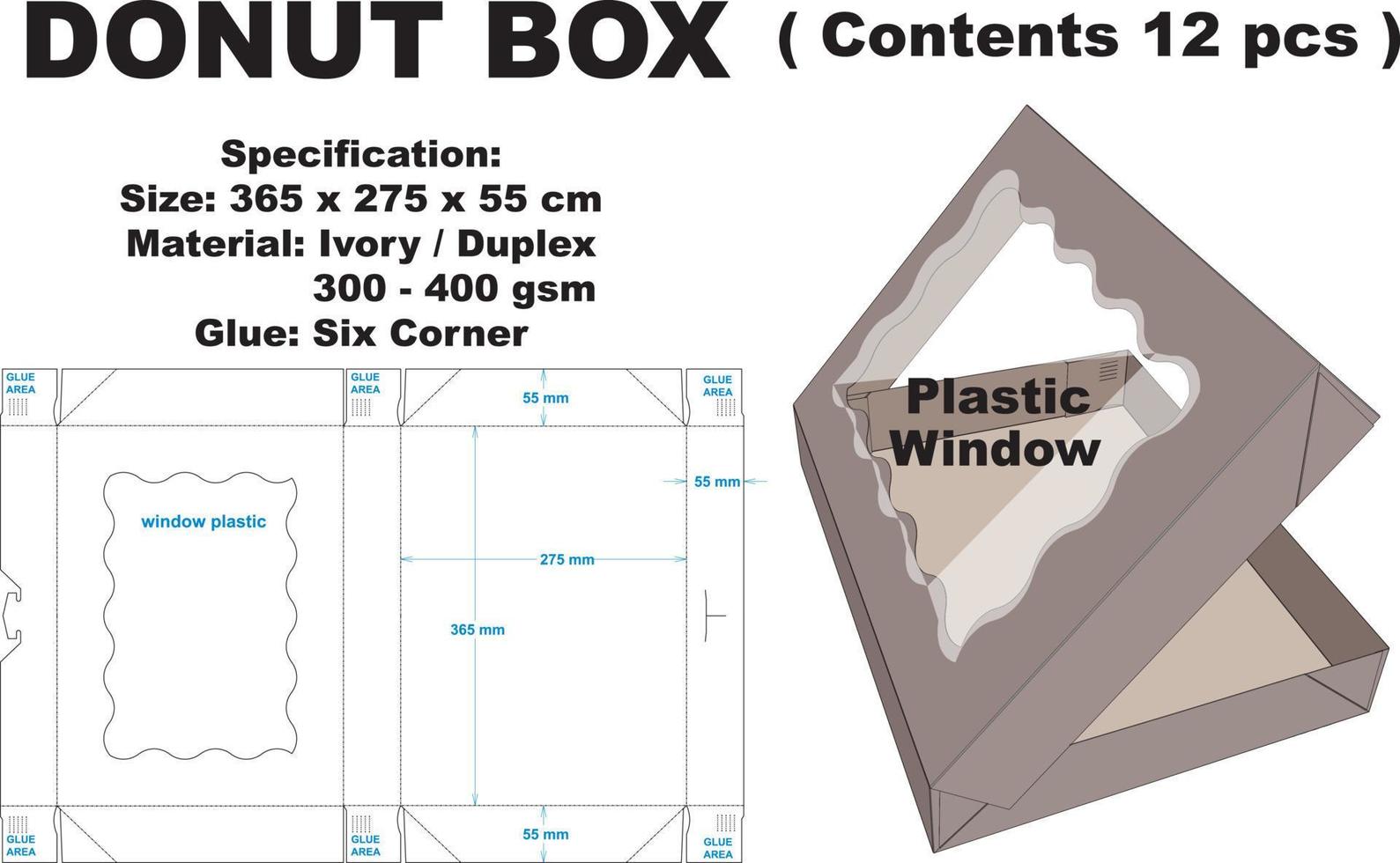 Very cool and simple donut box. In addition to its attractive shape, This box is also easy to carry. This box can also be used for cake boxes, bread boxes, lunch boxes and snacks. vector