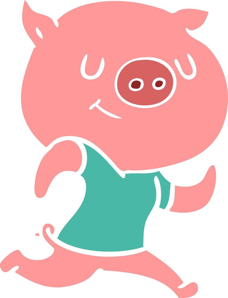 happy flat color style cartoon pig running vector