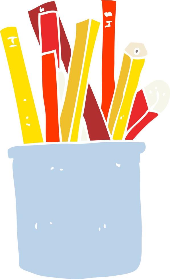 flat color illustration of a cartoon desk pot of pencils and pens vector