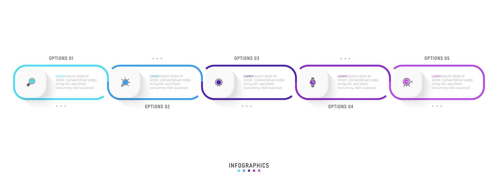 plantilla de diseño de etiquetas infográficas vectoriales con iconos y 5 opciones o pasos. se puede utilizar para diagramas de proceso, presentaciones, diseño de flujo de trabajo, banner, diagrama de flujo, gráfico de información. vector