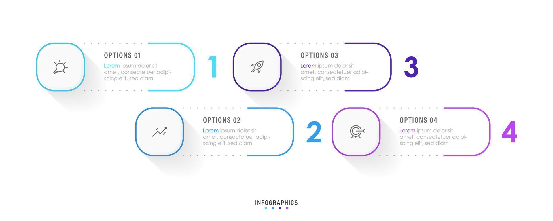 plantilla de diseño de etiquetas infográficas vectoriales con iconos y 4 opciones o pasos. se puede utilizar para diagramas de proceso, presentaciones, diseño de flujo de trabajo, banner, diagrama de flujo, gráfico de información. vector