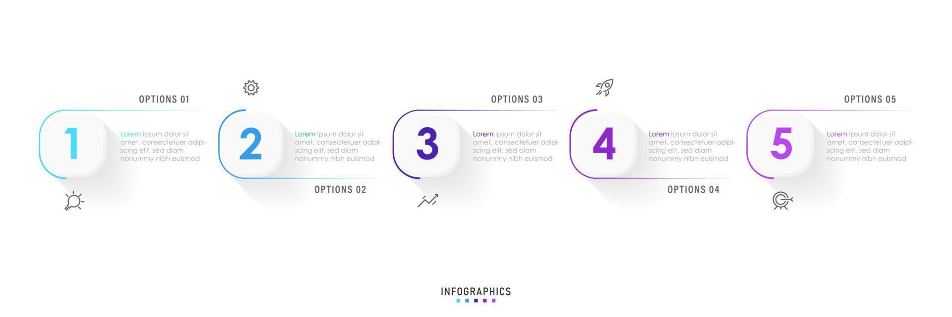 plantilla de diseño de etiquetas infográficas vectoriales con iconos y 5 opciones o pasos. se puede utilizar para diagramas de proceso, presentaciones, diseño de flujo de trabajo, banner, diagrama de flujo, gráfico de información. vector