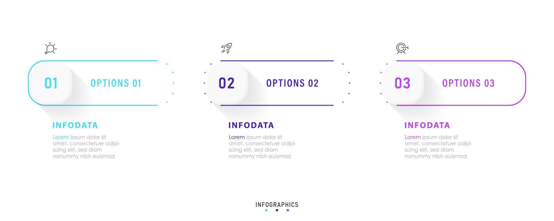 plantilla de diseño de etiquetas infográficas vectoriales con iconos y 3 opciones o pasos. se puede utilizar para diagramas de proceso, presentaciones, diseño de flujo de trabajo, banner, diagrama de flujo, gráfico de información. vector