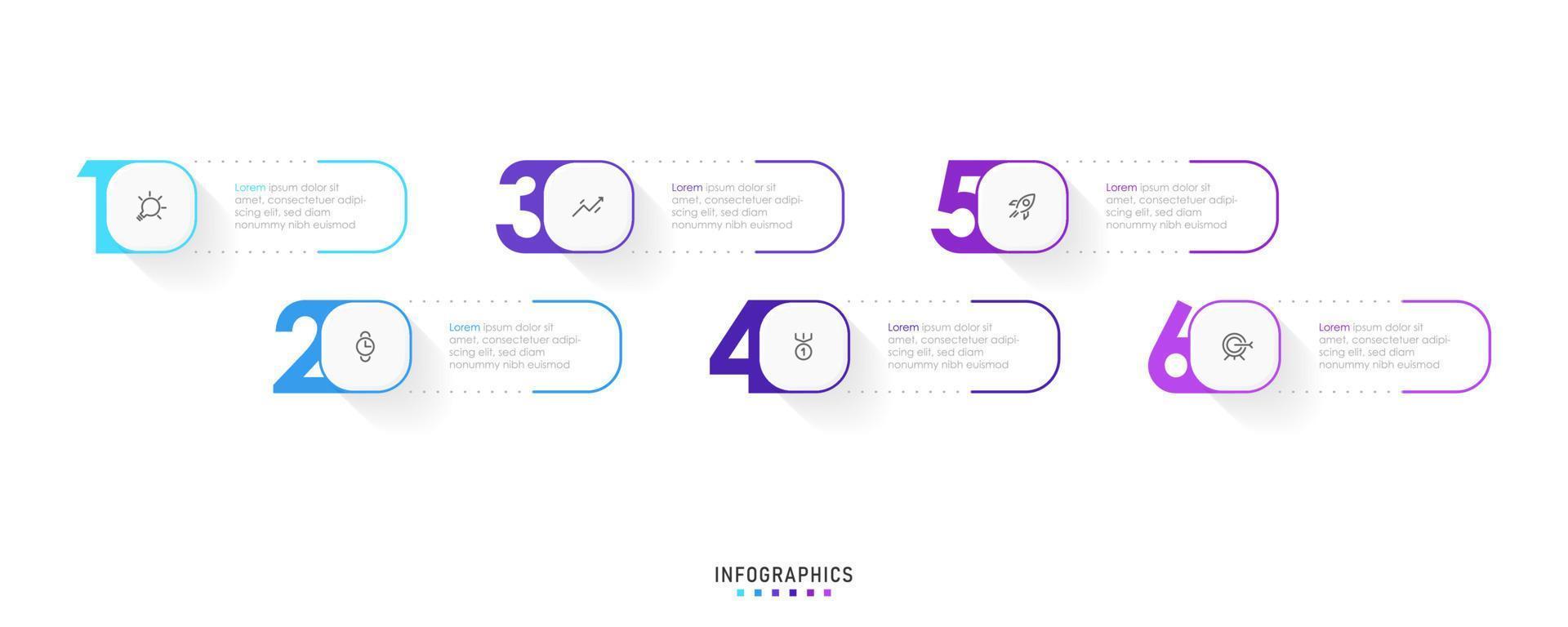 plantilla de diseño de etiquetas infográficas vectoriales con iconos y 6 opciones o pasos. se puede utilizar para diagramas de proceso, presentaciones, diseño de flujo de trabajo, banner, diagrama de flujo, gráfico de información. vector