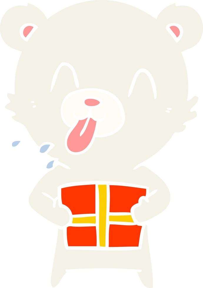 rude flat color style cartoon polar bear sticking out tongue with present vector
