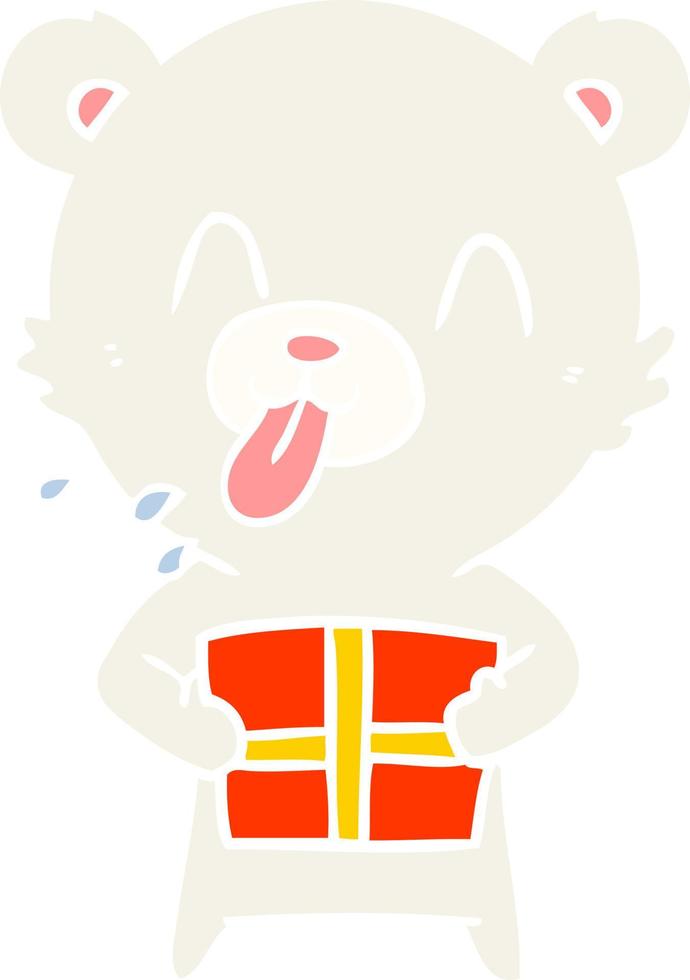 oso polar de dibujos animados de estilo de color plano grosero sacando la lengua con presente vector