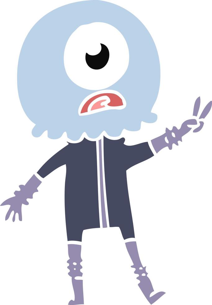 flat color style cartoon cyclops alien spaceman giving peace sign vector