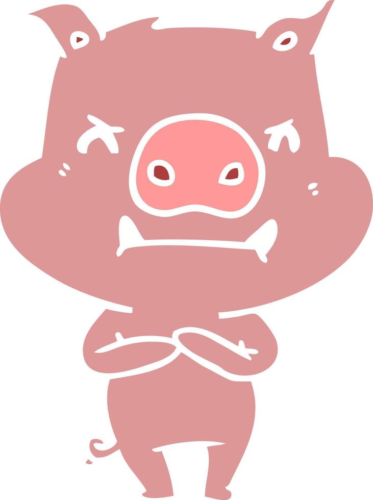 angry flat color style cartoon pig vector