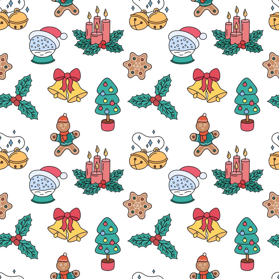 Christmas doodles seamless pattern. Vector white background with outline hand drawn Christmas holiday elements. Xmas design objects. Holly, tree, jingle bells. Doodle repeat illustration