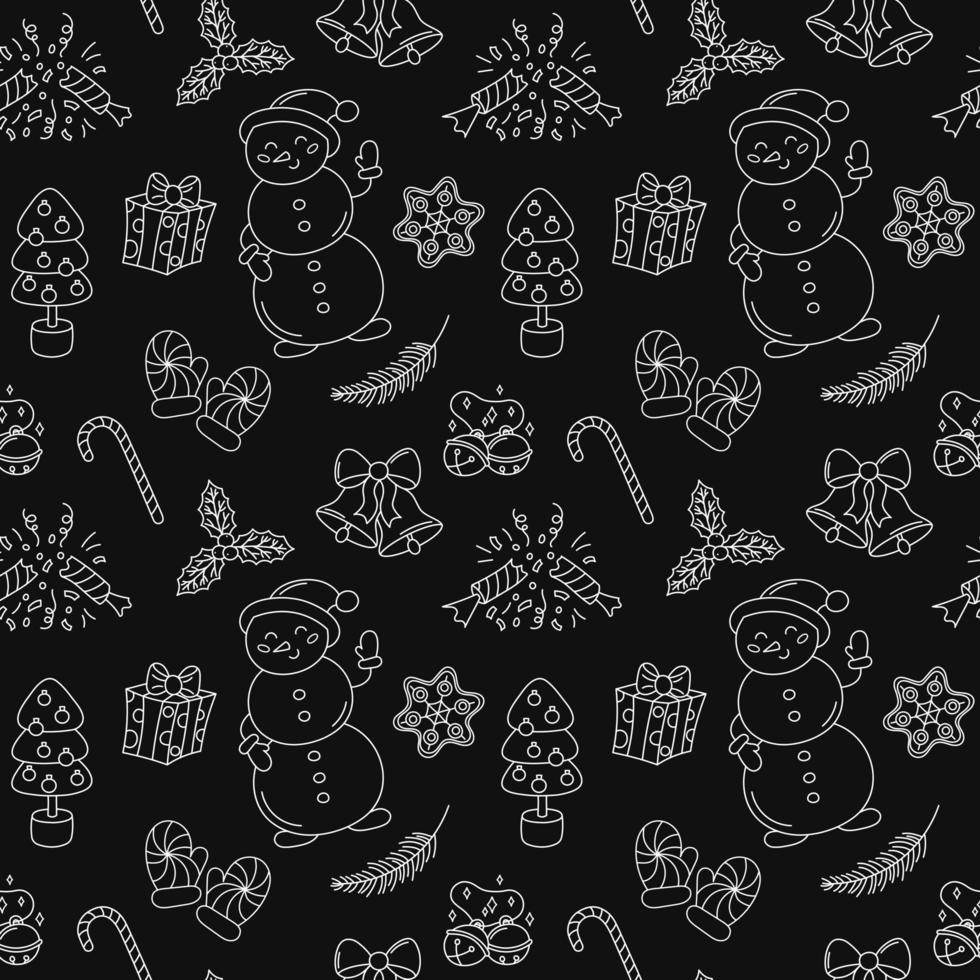 Christmas doodle pattern black and white. Vector seamless background with outline hand drawn Christmas holiday elements. Xmas design objects. Doodle repeat illustration
