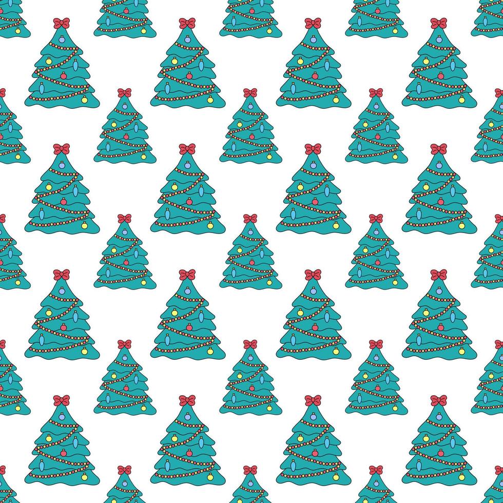 Christmas trees pattern. Vector doodles seamless background with outline hand drawn Christmas holiday symbols. Xmas design elementss. Doodle repeat illustration.