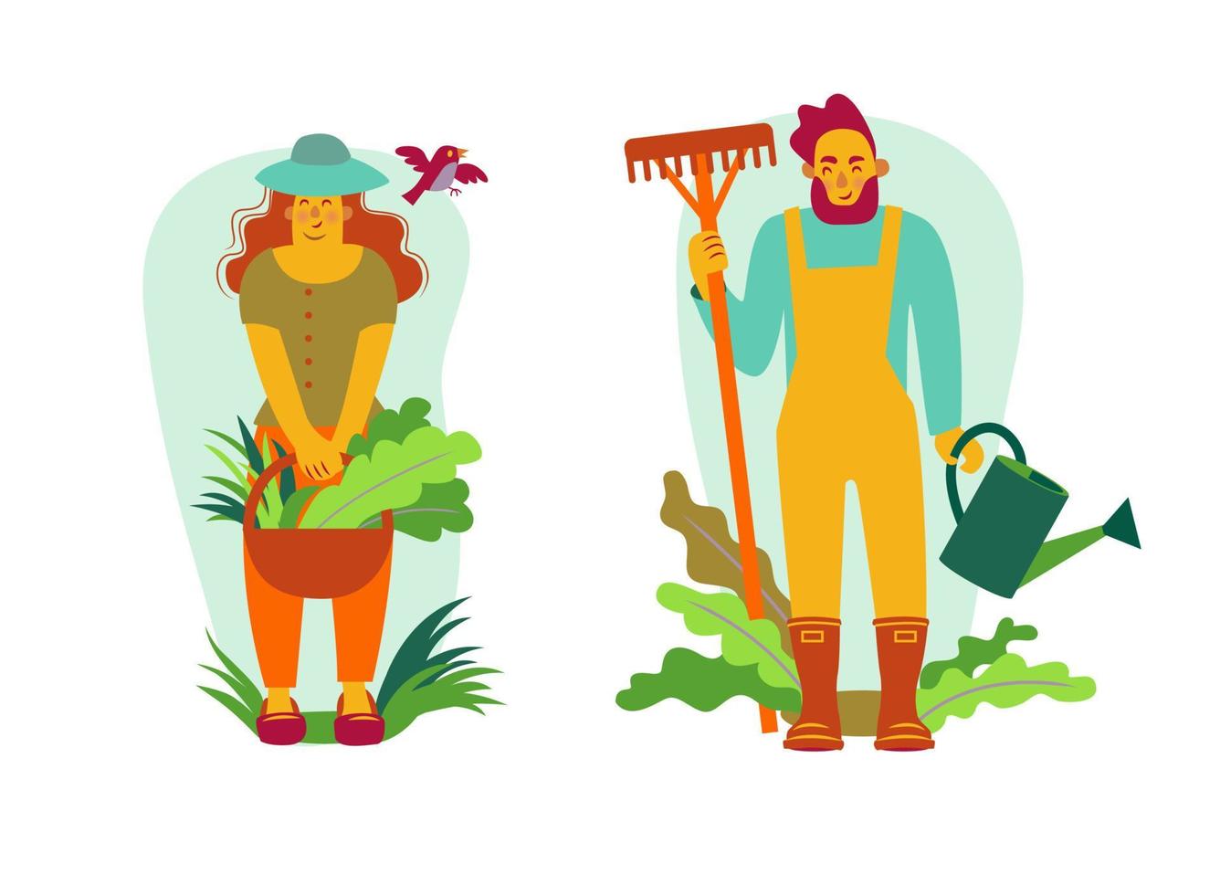 cute woman and man gardeners set vector