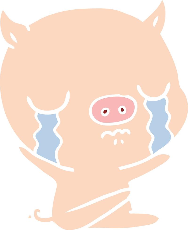 flat color style cartoon sitting pig crying vector