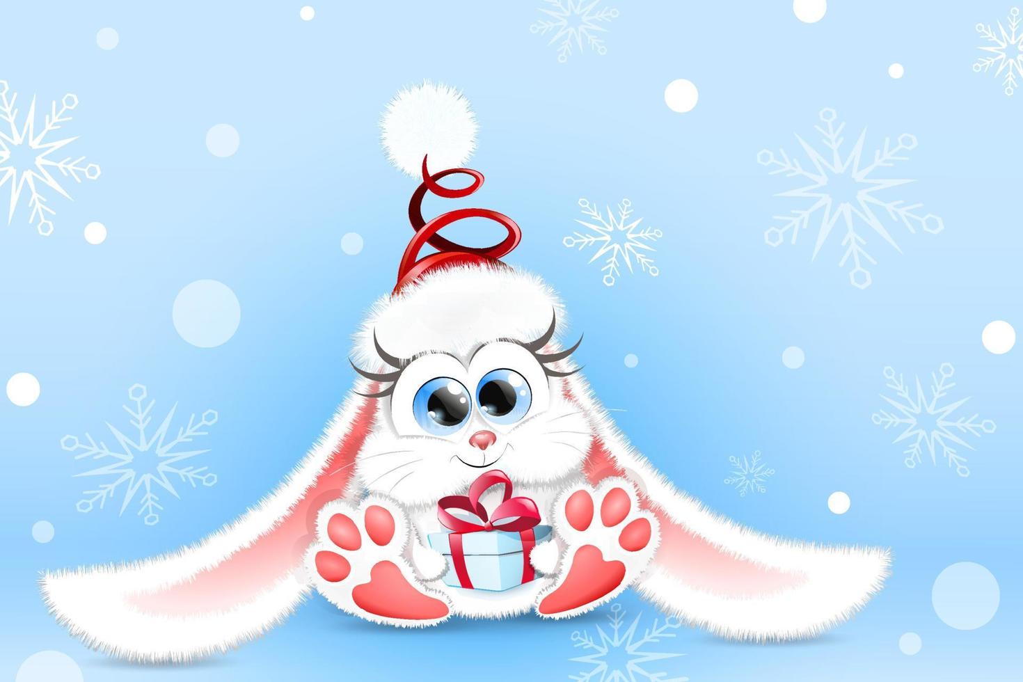 lindo conejito blanco de dibujos animados esponjoso en sombrero de santa con pequeña caja de regalo de navidad. vector