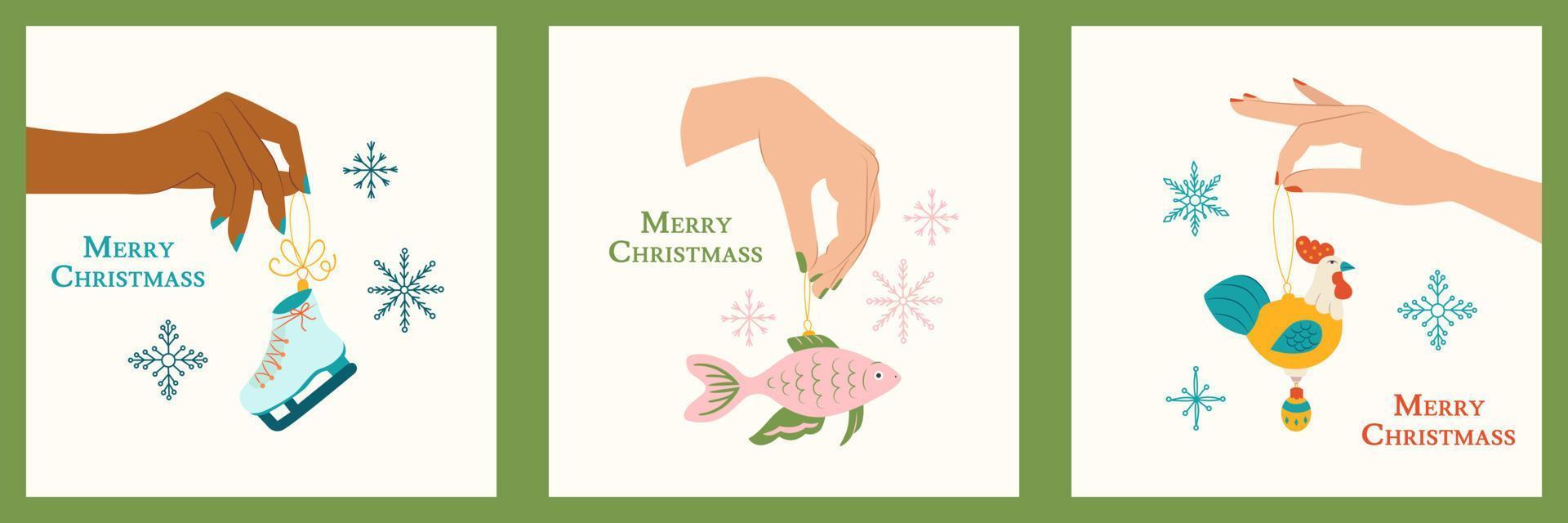 mano de mujer con pescado, patines de hielo y gallo. juguete de año nuevo y manicura. ilustración de vector de juguete de navidad