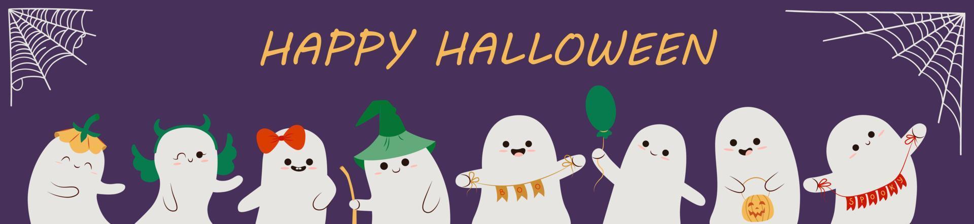 Set of cute funny happy ghosts. Childish spooky boo characters for kids. Magic scary spirits with different emotions and face expressions. Isolated flat cartoon vector illustrations of comic phantoms